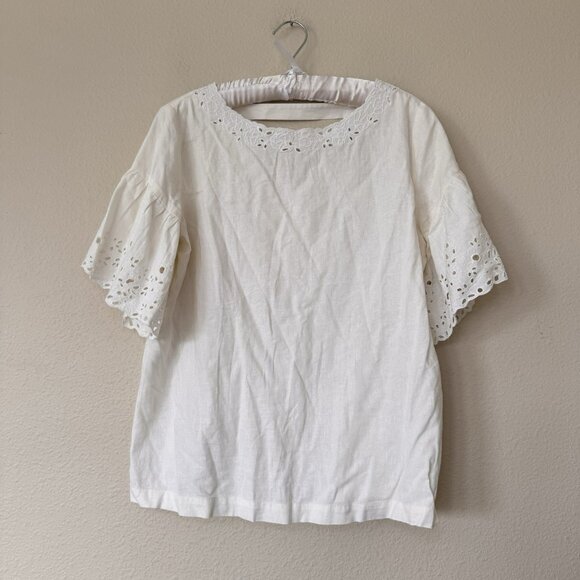 LOFT Blouse White Embroidered Eyelet Short Sleeve Size Medium Linen - Picture 6 of 14